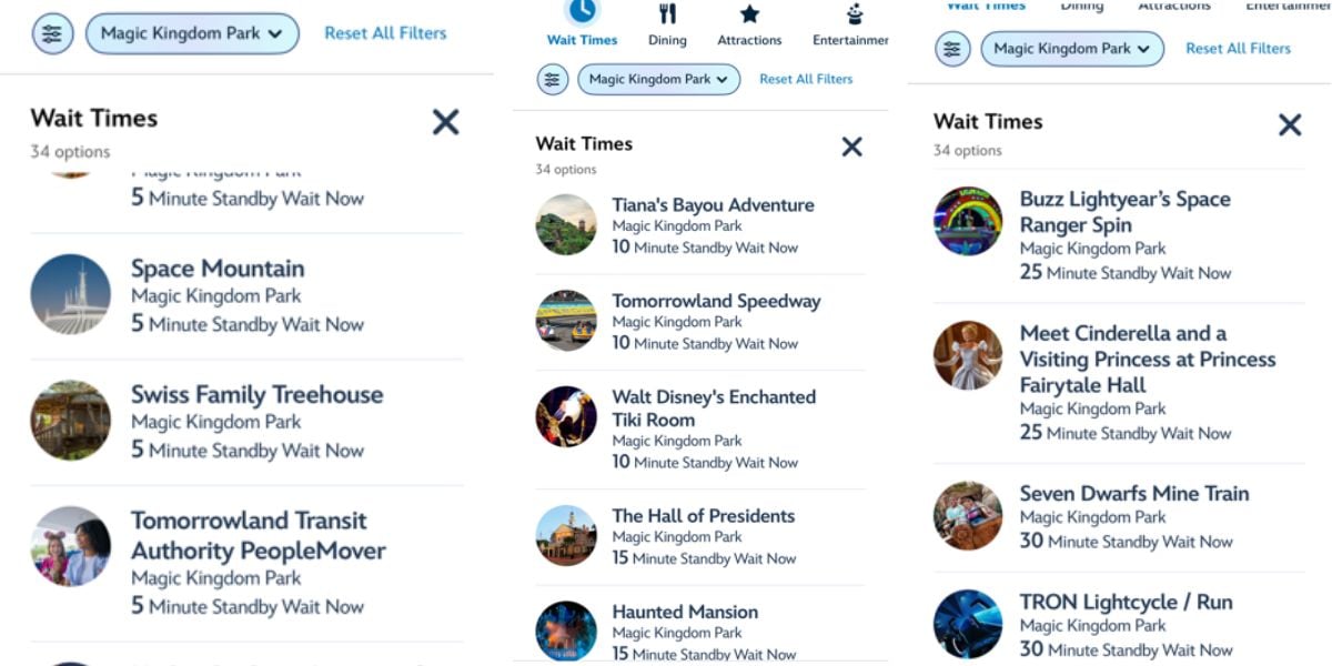 Current wait times for attractions at Magic Kingdom, Disney World.