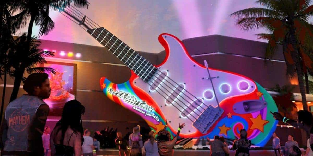 Giant guitar sign for Rock ‘n’ Roller Coaster at Disney’s Hollywood Studios.