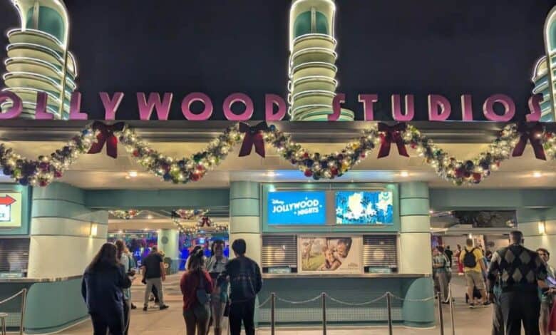 Disney’s Hollywood Studios entrance decked out for Disney Jollywood Nights in 2026.