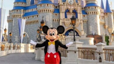 Mickey Mouse posing in front of Cinderella Castle at Disney World.