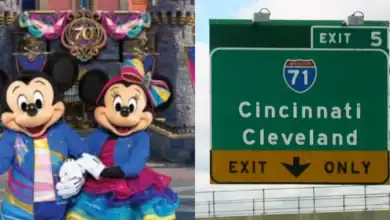 Mickey and Minnie Mouse pose in front of Cinderella Castle and an I-71 sign for Disneyland Ohio theme park news.