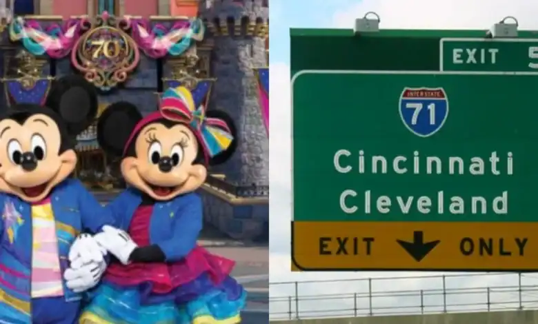 Mickey and Minnie Mouse pose in front of Cinderella Castle and an I-71 sign for Disneyland Ohio theme park news.