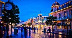 Main Street, U.S.A. at Magic Kingdom at dusk during a gas leak evacuation.