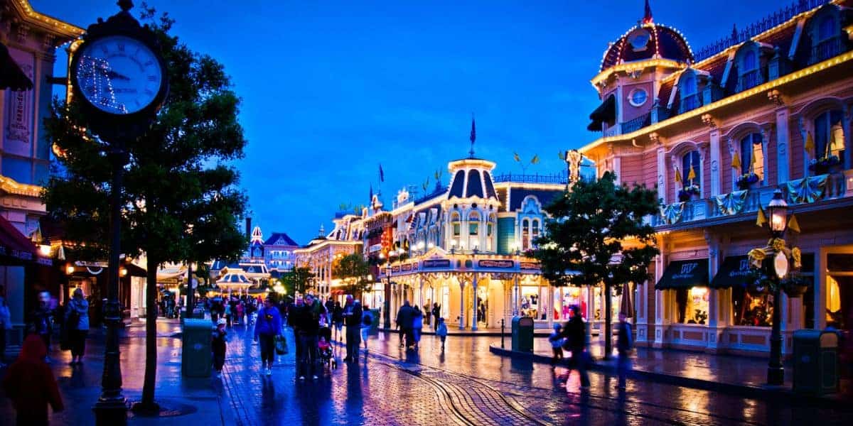 Main Street, U.S.A. at Magic Kingdom at dusk during a gas leak evacuation.