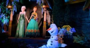 Elsa, Anna, and Olaf during a ride evacuation at Frozen Ever After at EPCOT.