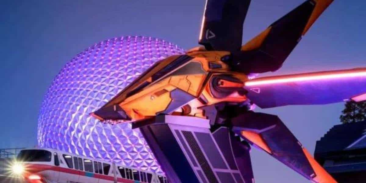 Guardians of the Galaxy: Cosmic Rewind ship in front of Spaceship Earth at EPCOT.