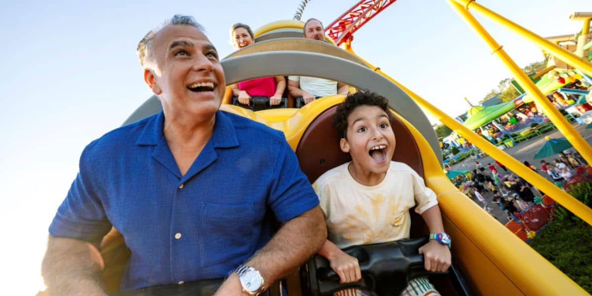 A family on the Slinky Dog Dash at Disney’s Hollywood Studios during a 2026 vacation.