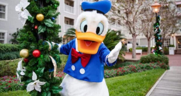 Donald Duck at a decorated Christmas tree at Disney World.