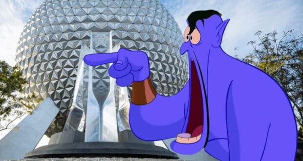 Genie points toward Spaceship Earth at EPCOT, standing near a solar trash can.
