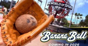 A coconut nestled in a baseball glove at the ESPN Wide World of Sports for the 2026 Banana Ball.