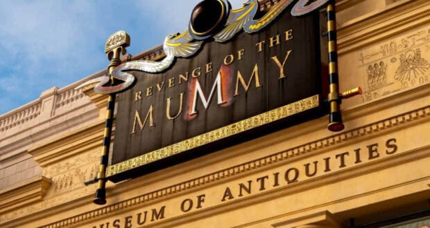 Revenge of the Mummy entrance sign at Universal Orlando.