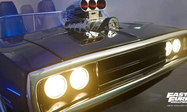 Black Dodge Charger ride vehicle for Fast & Furious: Hollywood Drift at Universal Studios.