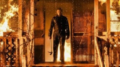 Michael Myers on the burning porch in Halloween.