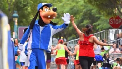 Goofy high-fives a runner during the runDisney Wine & Dine Half Marathon at Walt Disney World.