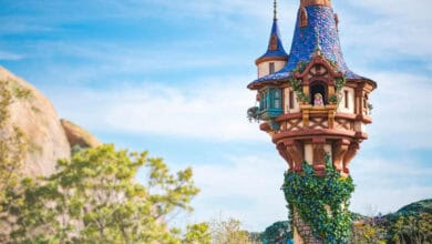 Rapunzel at her tower in Magic Kingdom at Walt Disney World.