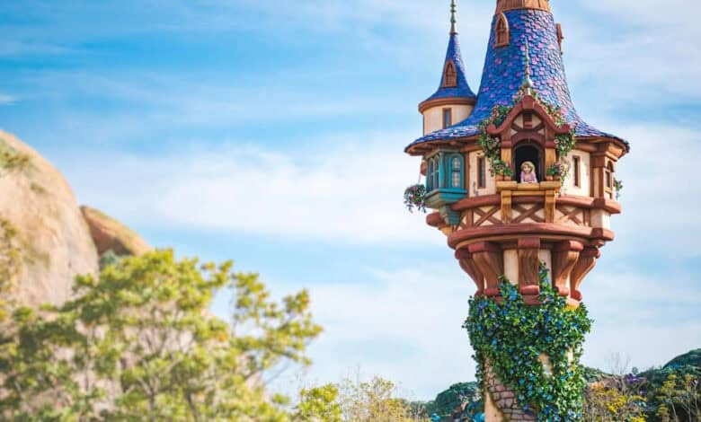 Rapunzel at her tower in Magic Kingdom at Walt Disney World.