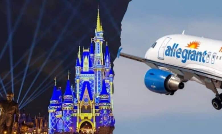 An Allegiant airplane flying over Cinderella Castle at Disney World.
