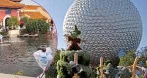 Left: Kids playing in flood water at EPCOT. Right: A mickey mouse topiary in front of Spaceship Earth.