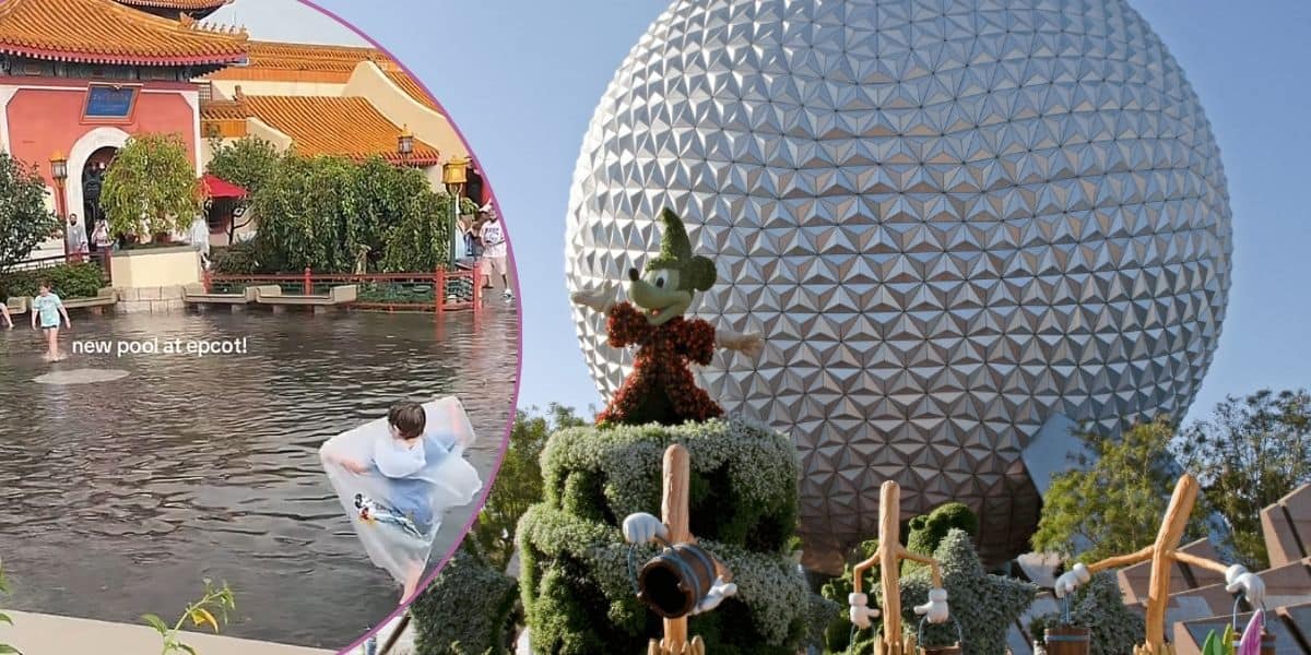 Left: Kids playing in flood water at EPCOT. Right: A mickey mouse topiary in front of Spaceship Earth.