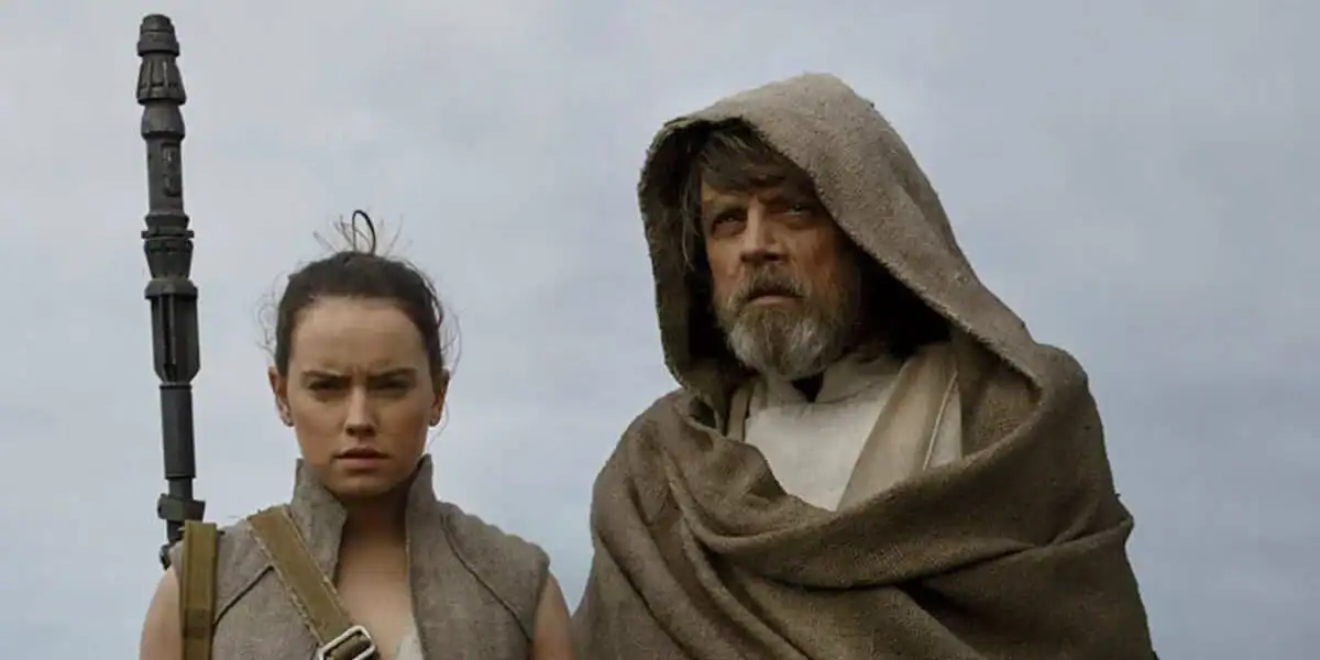 Rey and Luke Skywalker on Ahch-To in Star Wars.