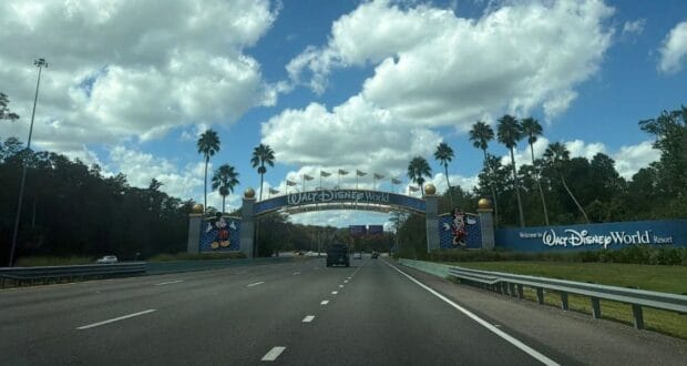 The Walt Disney World entrance archway during winter.