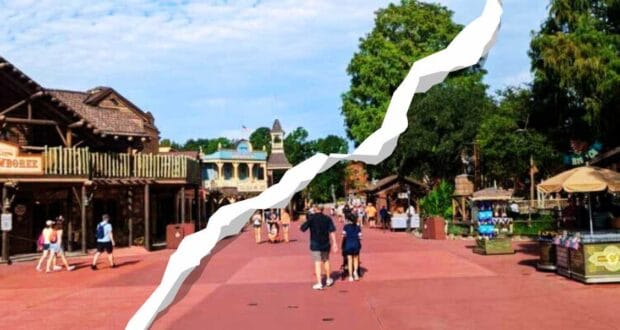 Frontierland at Magic Kingdom split by a jagged white line in this Disney news image.