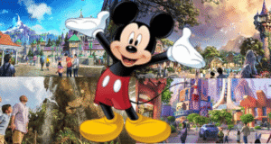 Mickey Mouse posing in front of a collage of Disney theme park lands at Disney World.