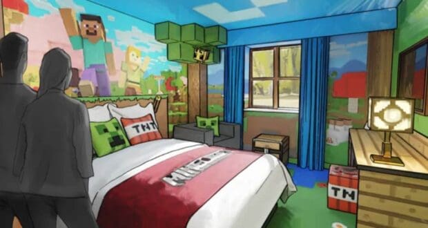Two guests exploring a Minecraft-themed hotel room.