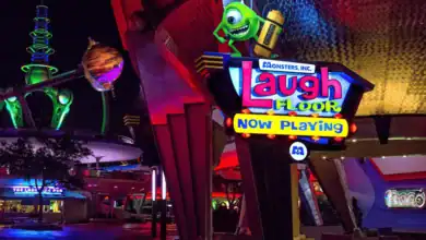 Monsters, Inc. Laugh Floor sign at Magic Kingdom during Thanksgiving week.