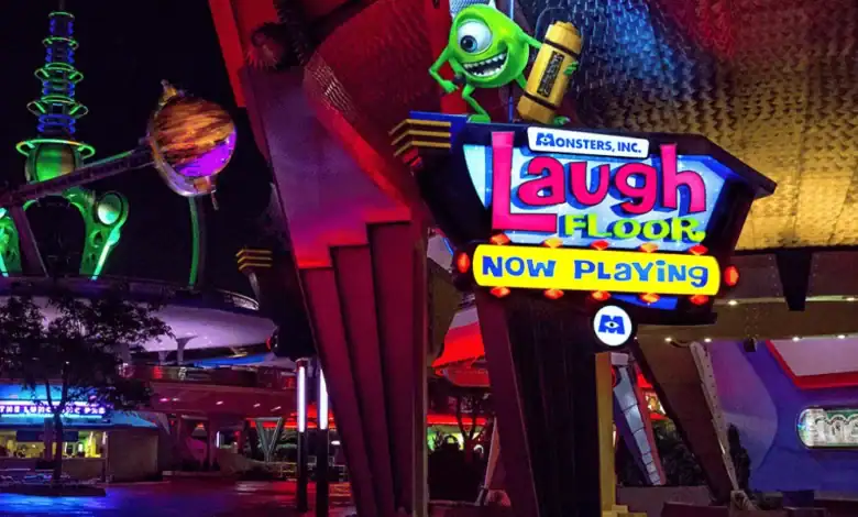 Monsters, Inc. Laugh Floor sign at Magic Kingdom during Thanksgiving week.