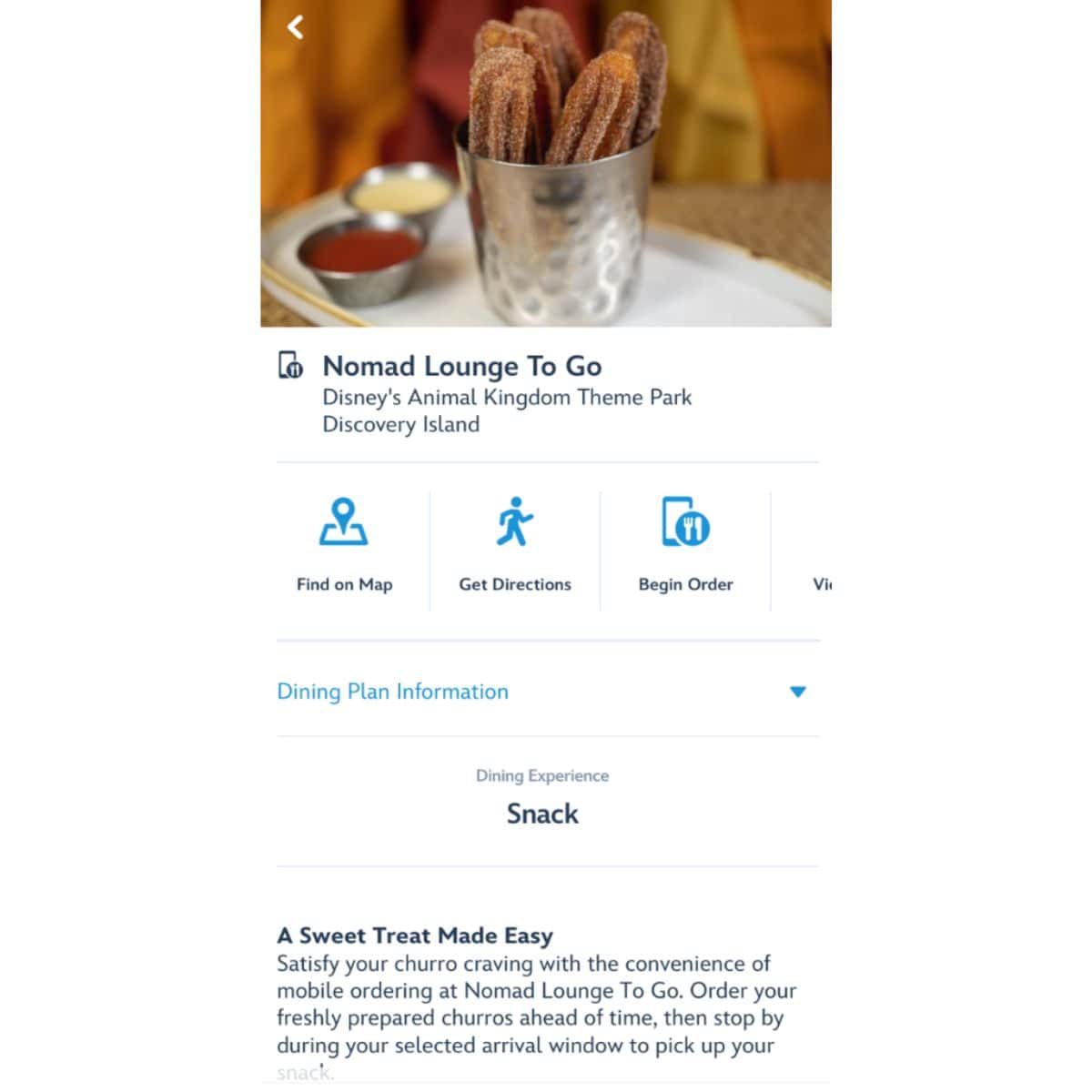 The Mobile Order screen for getting churros to-go at Nomad Lounge.