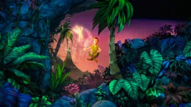 Peter Pan and Tinker Bell flying in the Neverland scene on Peter Pan’s Flight at Disney.