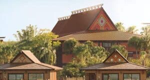 Polynesian-style bungalows and the Great Ceremonial House at Disney’s Polynesian Village Resort.