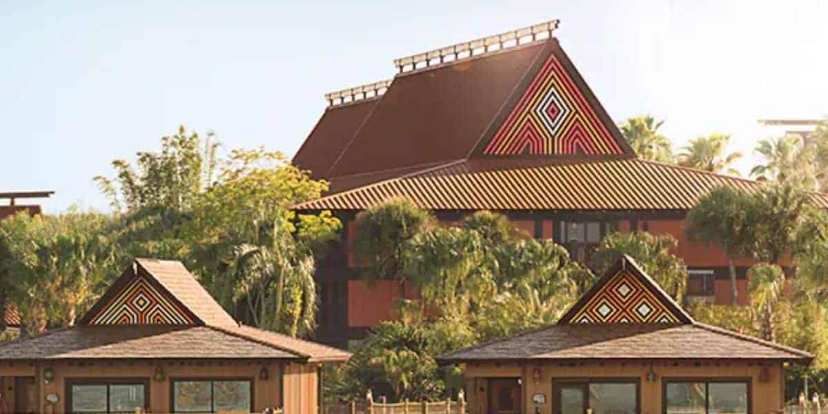 Polynesian-style bungalows and the Great Ceremonial House at Disney’s Polynesian Village Resort.