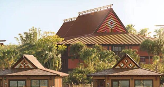 Polynesian-style bungalows and the Great Ceremonial House at Disney’s Polynesian Village Resort.