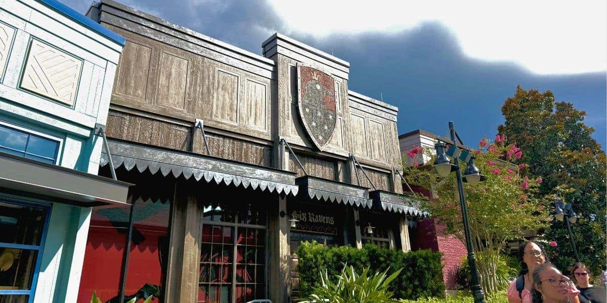 The exterior of Sir Raven’s at Busch Gardens, styled like a shop at Disney Springs.