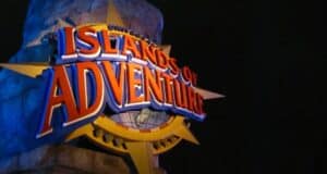 Illuminated Islands of Adventure logo at Universal Orlando.