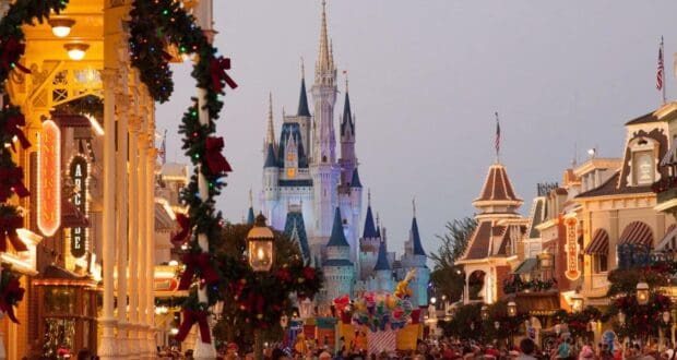 Cinderella Castle adorned for the holidays at Magic Kingdom.