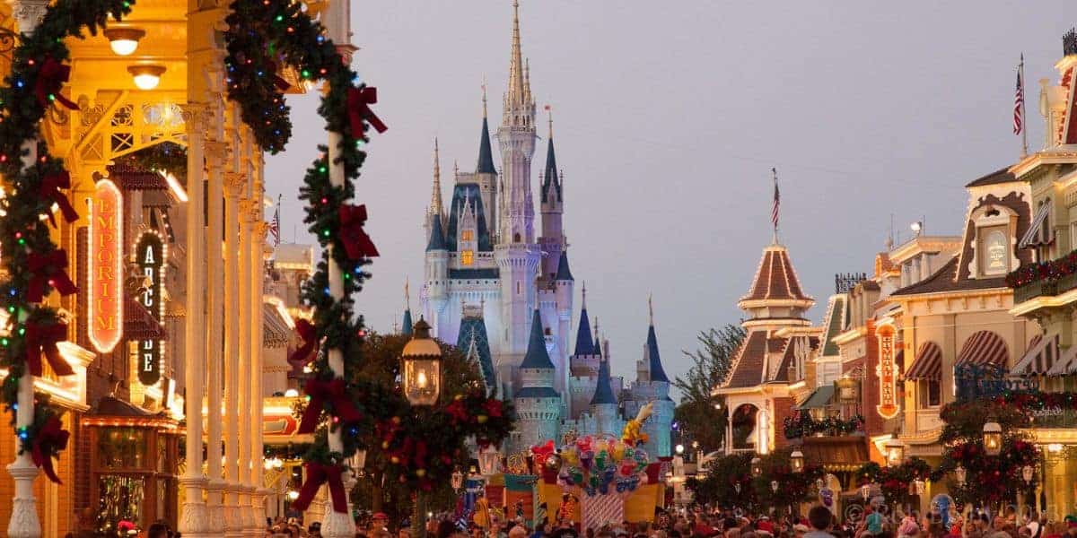 Cinderella Castle adorned for the holidays at Magic Kingdom.