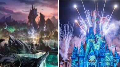 Concept art of the Forbidden Mountain and Cinderella Castle illuminated by fireworks in the new Disney Villains Land at Magic Kingdom.