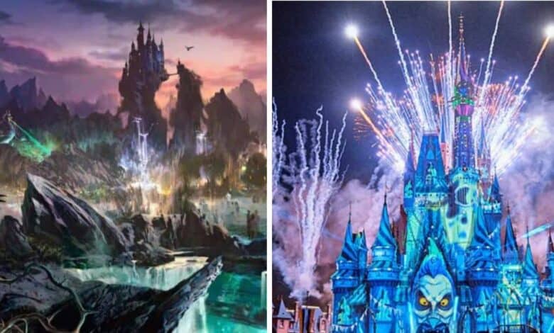 Concept art of the Forbidden Mountain and Cinderella Castle illuminated by fireworks in the new Disney Villains Land at Magic Kingdom.