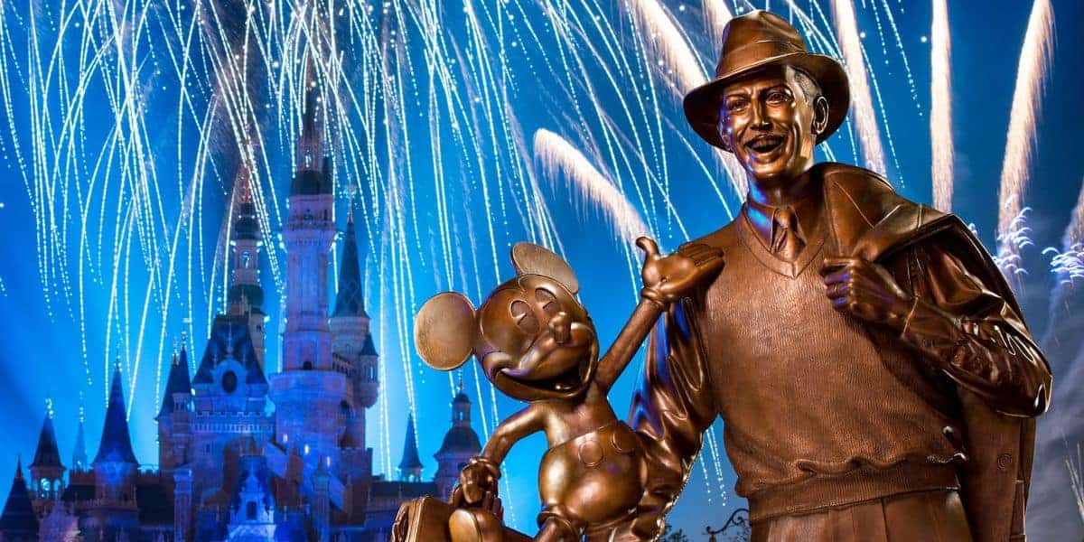 The Partners statue of Walt Disney and Mickey Mouse in front of Cinderella Castle during the Disney World fireworks display.