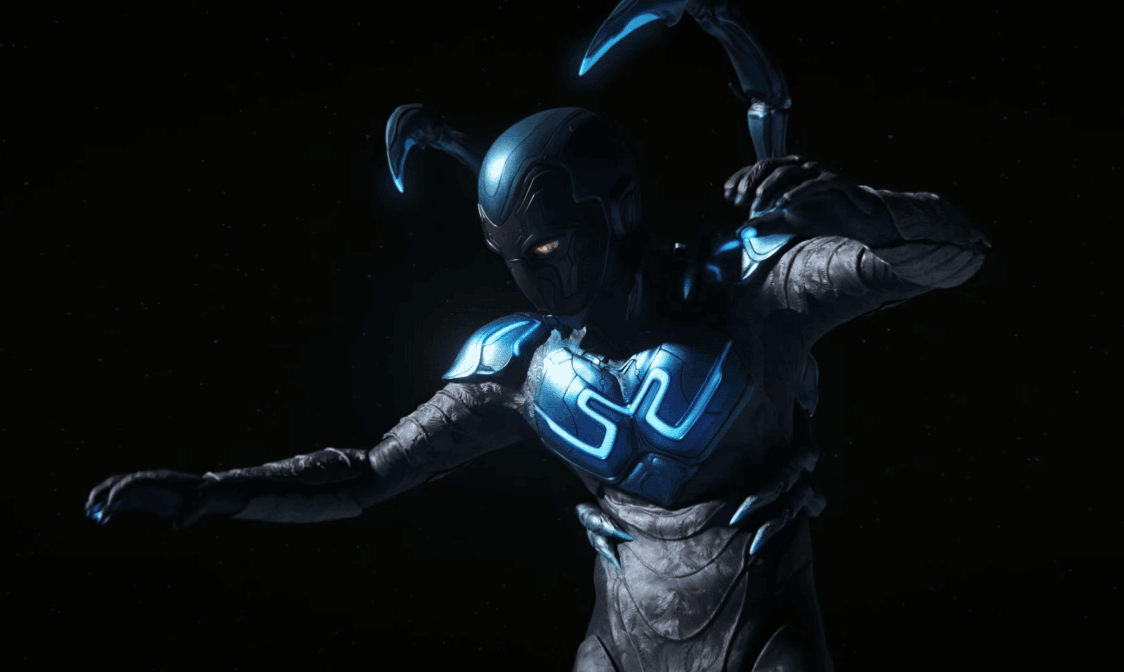 Futuristic digital character with neon blue accents in space, showcasing advanced 3D modeling and CGI VFX for post-production.