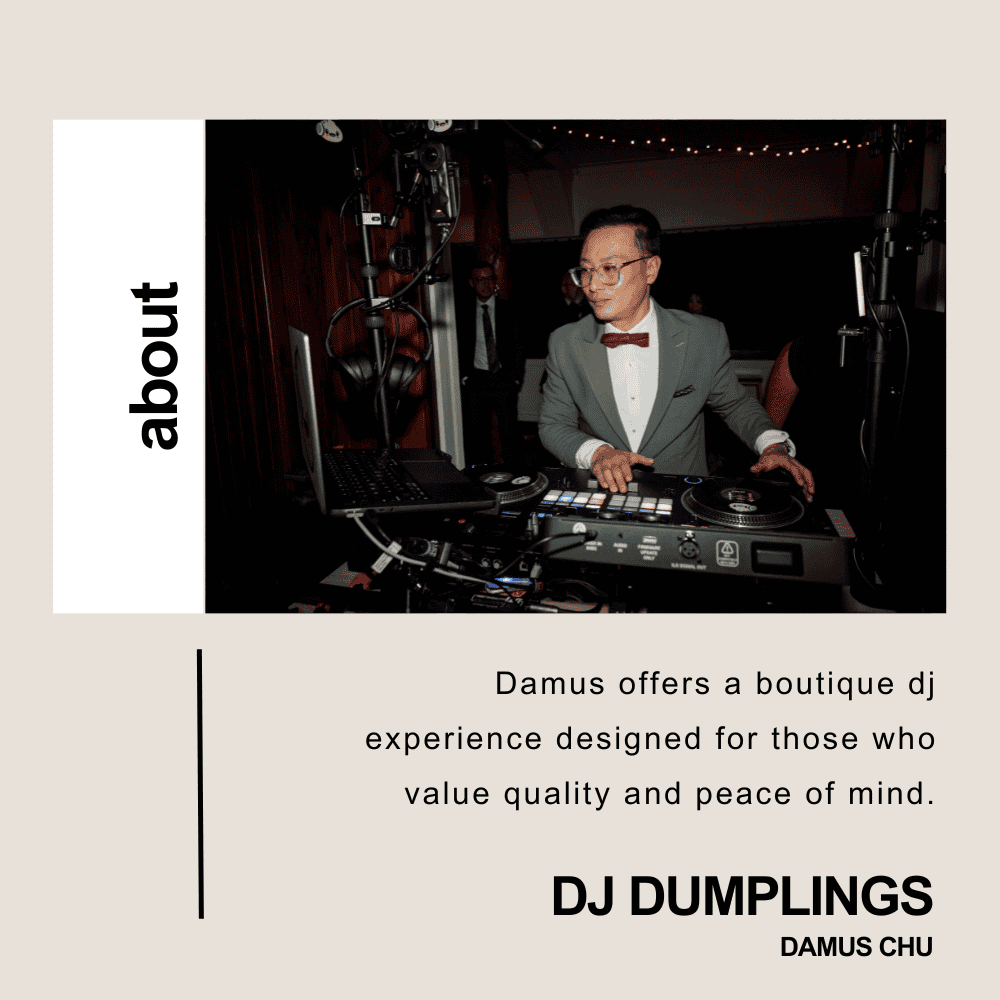 DJ Dumplings performing as a DJ at an event with professional equipment.