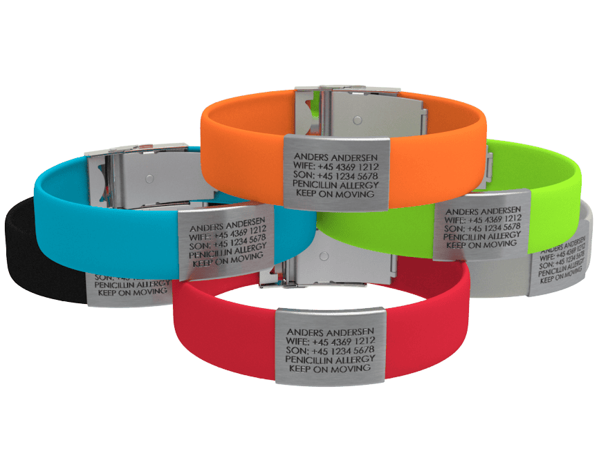 DJUVA Beat ID armbånd: Farverige silikone ID-armbånd med indgraverede informationsplader. Perfekt til allergiinformation eller nødkontakter.