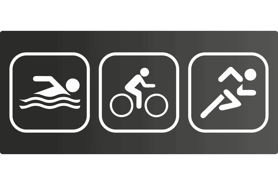 Sidetag Triatlon - Sortér: Ikoner, der viser svømning, cykling og løb, og som repræsenterer de tre discipliner i en triatlon.