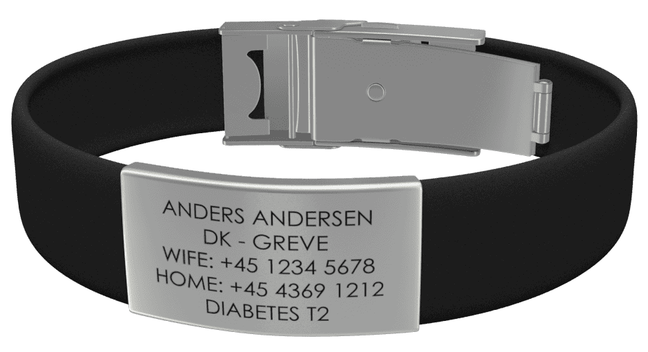 Djuva Trim sort ID armbånd med brugergraveret navneskilt og medicinsk information