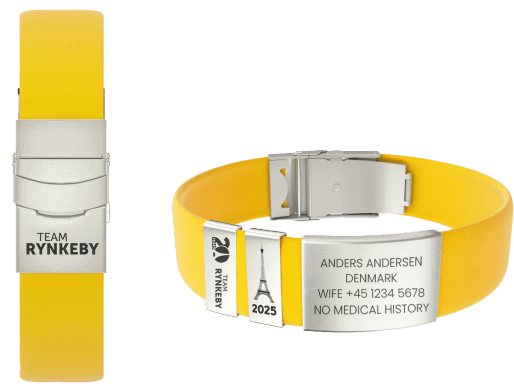 Beat Rynkeby Gul Silikone Medicinsk ID Armbånd, graveret med personlige detaljer og Team Rynkeby logo