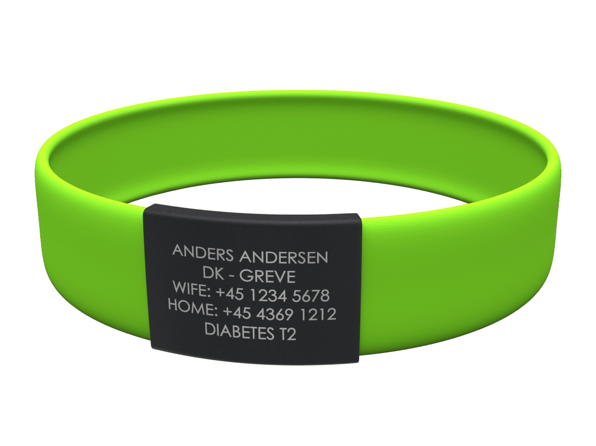 Limegrønt medicinsk alarmarmbånd med sort indsats, der viser Anders Andersens kontakt- og diabetesoplysninger.
