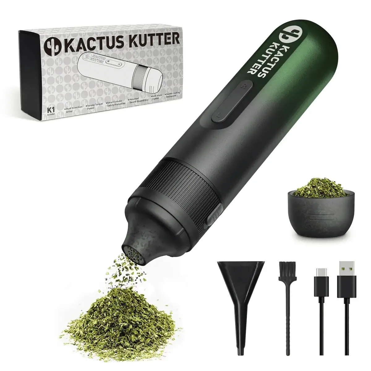 Kactus Kutter K1 electric herb grinder in green and black dispensing ground dry herbs with box and accessories